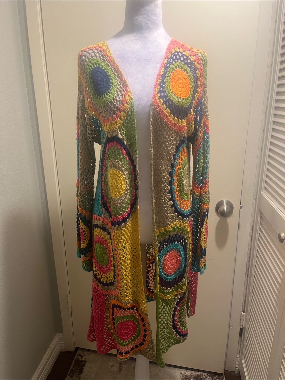 New Farm Rio Sundance crocheted Long Multicolor Cardigan sz M